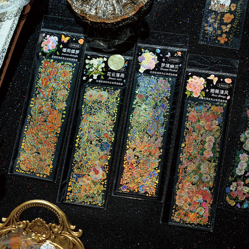 花语惊鸿系列防水PET立体烫金贴纸ins风高颜值小清新复古梦幻蝴蝶植物花卉流麻咕卡装饰手账素材手帐diy贴画