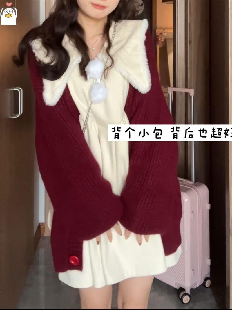 韩系纯色可爱娃娃领连衣裙女春秋酒红色毛衣开衫上衣外套两件套