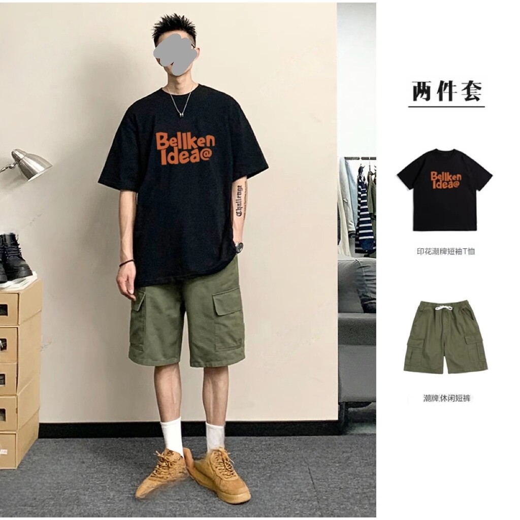 夏季纯棉短袖T恤男生酷帅穿搭套装潮流男装一套搭配帅气夏天短裤图片