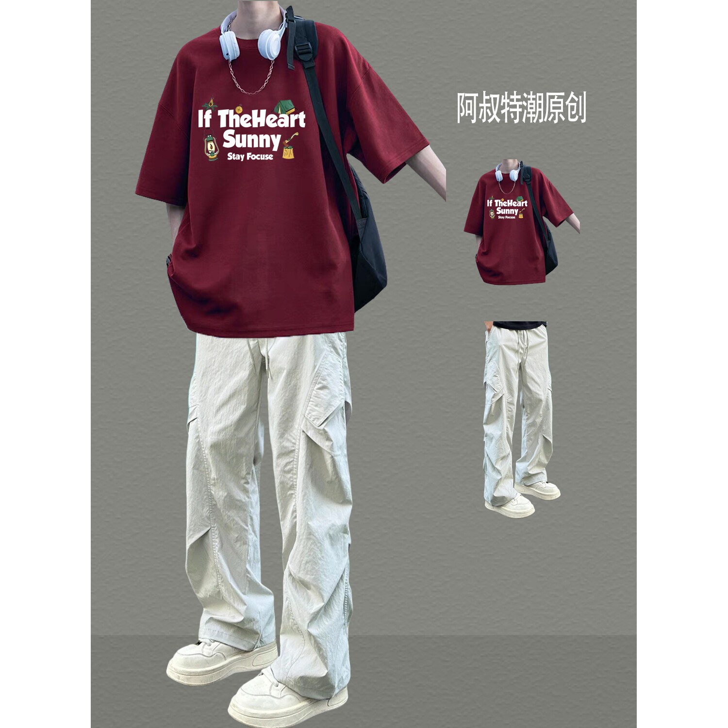 青少年短袖T恤夏季休闲套装潮牌高街搭配薄款工装裤痞帅两件套男