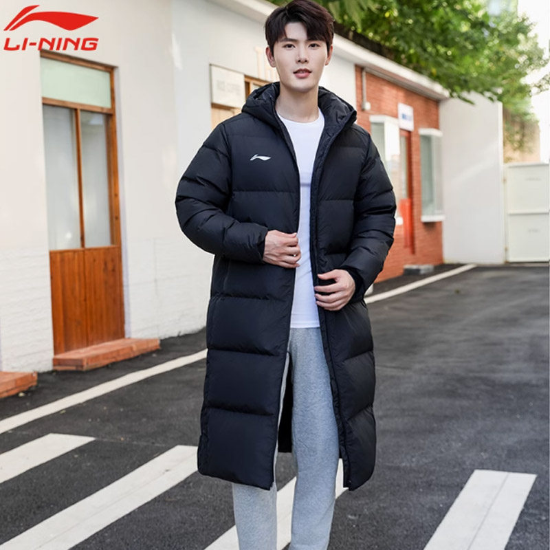 李宁加绒保暖连帽长款男生羽绒服