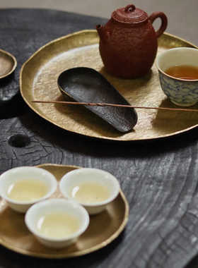 【听雨·涟漪】木兮堂纯手工锻打黄铜加厚茶盘四件套