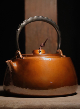 木兮堂纯手工一片造平丸型铜壶1100cc煮水煮茶口打出茶道茶器纯铜