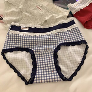 桃心蓝格10A抗菌裆全棉加长裆纯棉内裤 女生微甜小调纯棉三角裤
