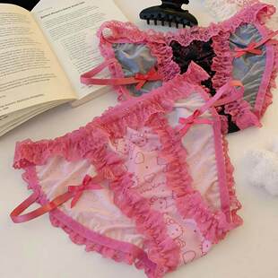 夏季 女新款 薄款 猫咪蕾丝边纯欲三角裤 女士性感内裤 粉色kitty