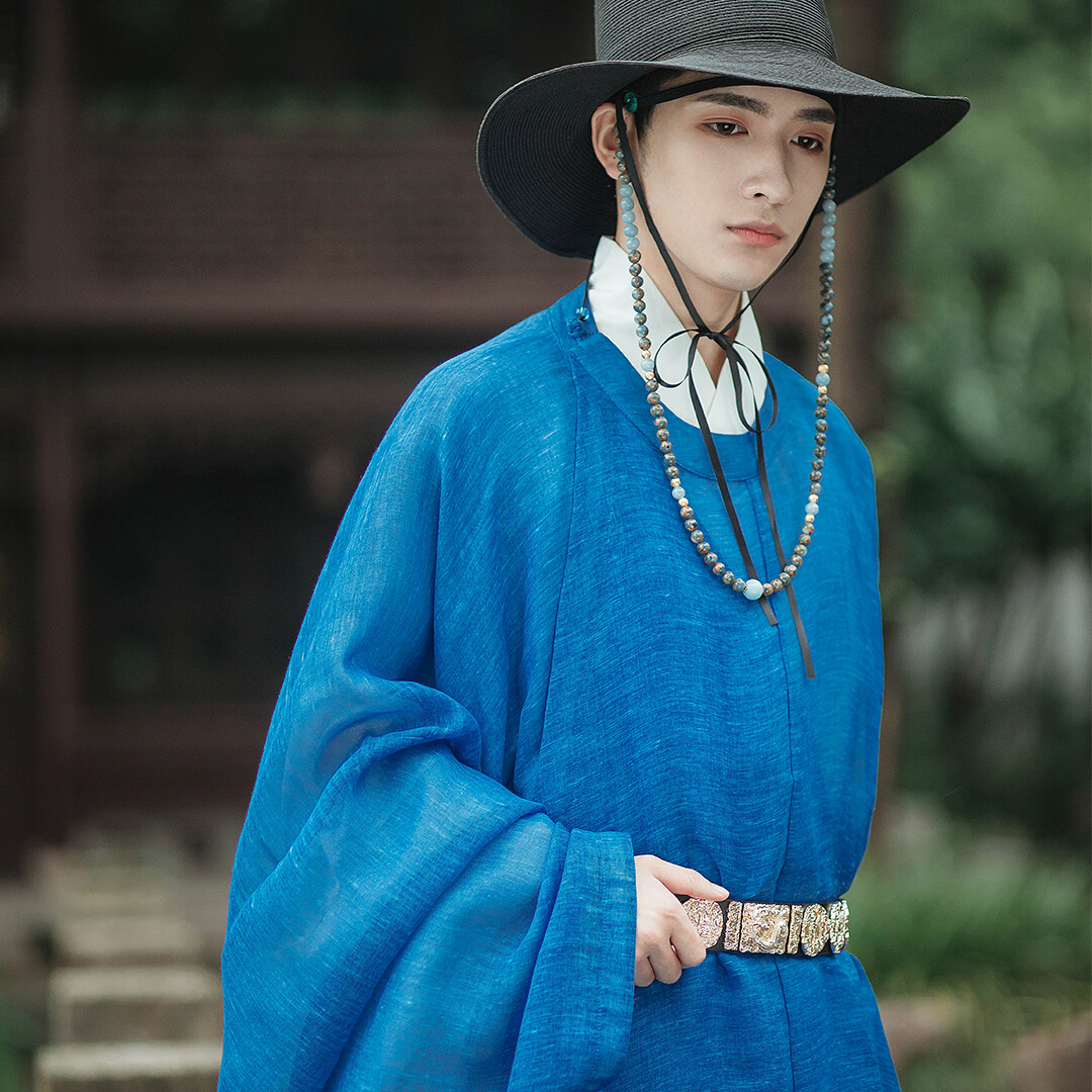 君陈纯色大放量苎麻棉明制圆领袍石青蓝色夏季男装汉服-希孟