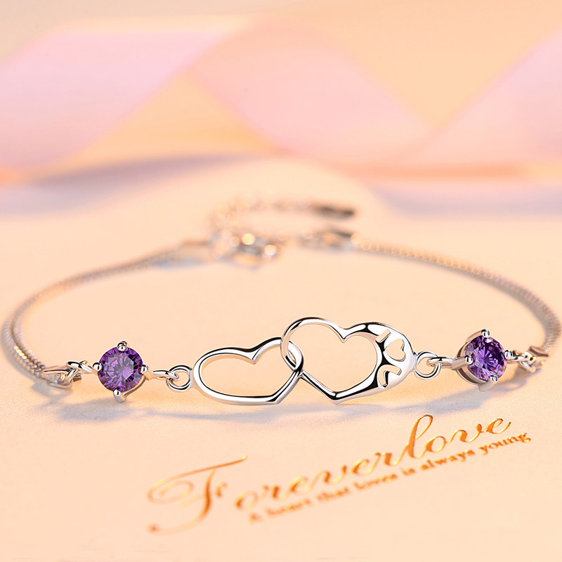 银手链女925纯银心连心手链纯银镶锆钻手饰品七夕礼物送女友生日