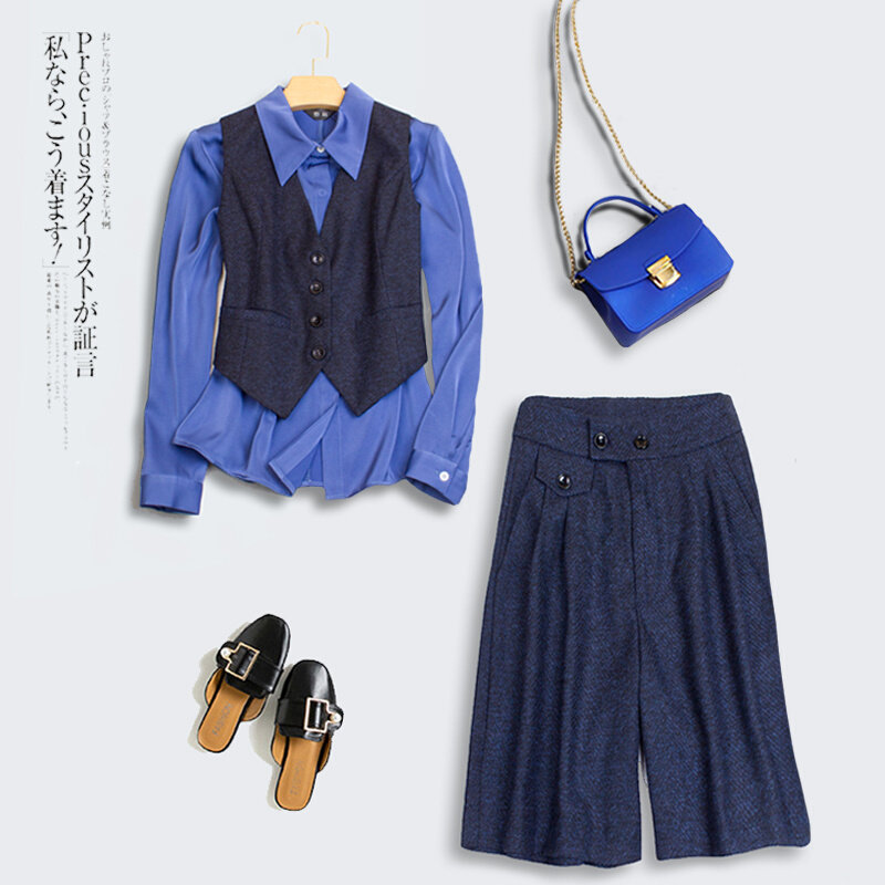 春装高腰五分裤藏蓝色小个子阔腿裤女职业正装百慕大西装短裤736