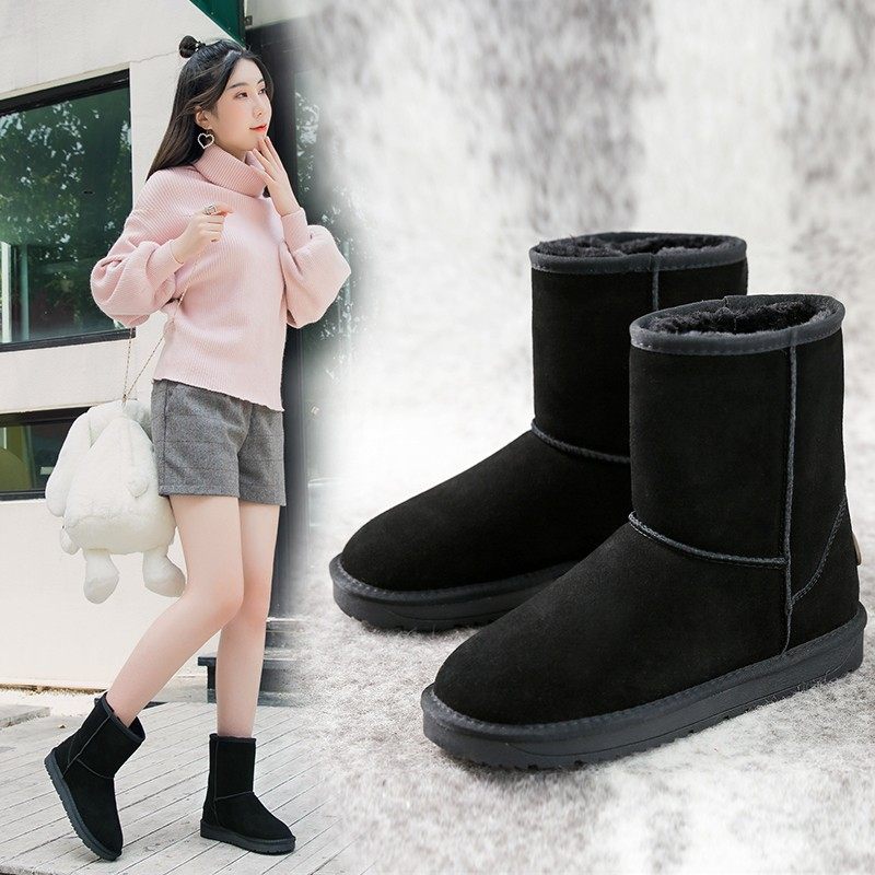 中筒面包鞋加绒保暖真皮雪地靴