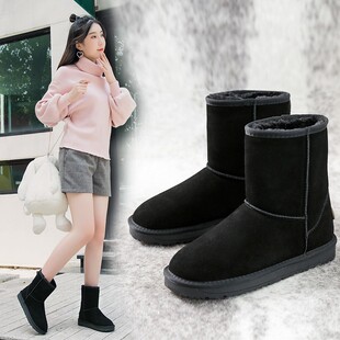 2025年新款雪地靴女中筒棉鞋冬季面包鞋加厚加绒保暖短靴子女真皮