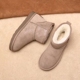 新款雪地靴女短靴真皮牛皮压花皮雪地棉鞋面包鞋加绒保暖