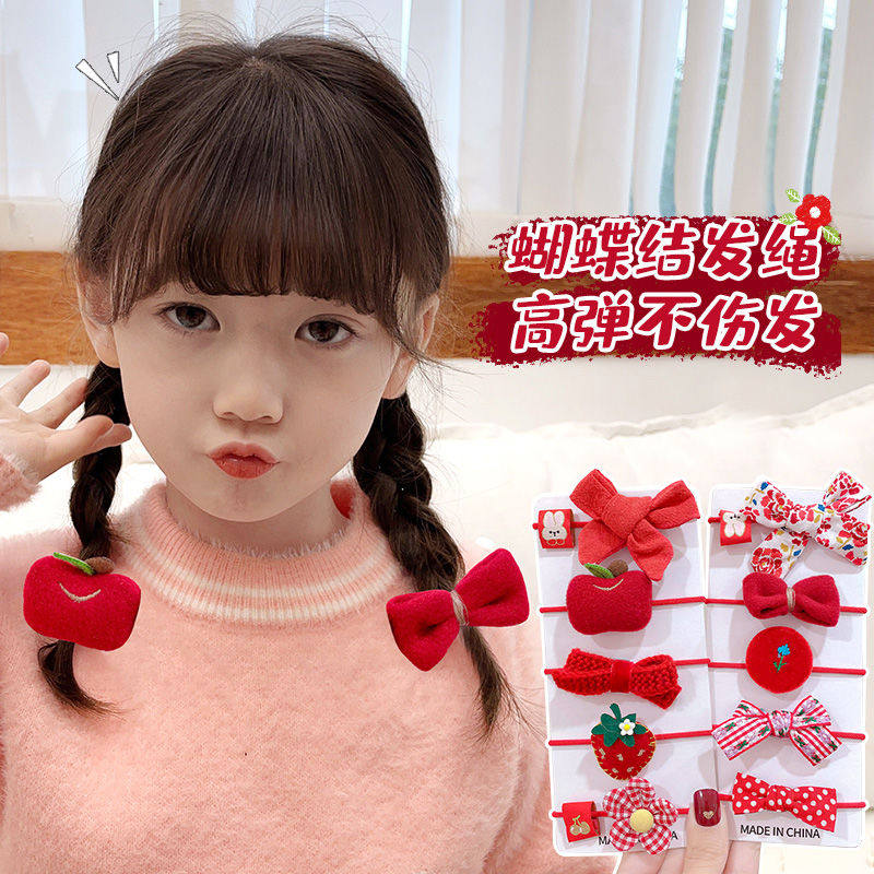 儿童皮筋红色蝴蝶结发圈女童过年头绳宝宝不伤发扎头发发绳头饰女