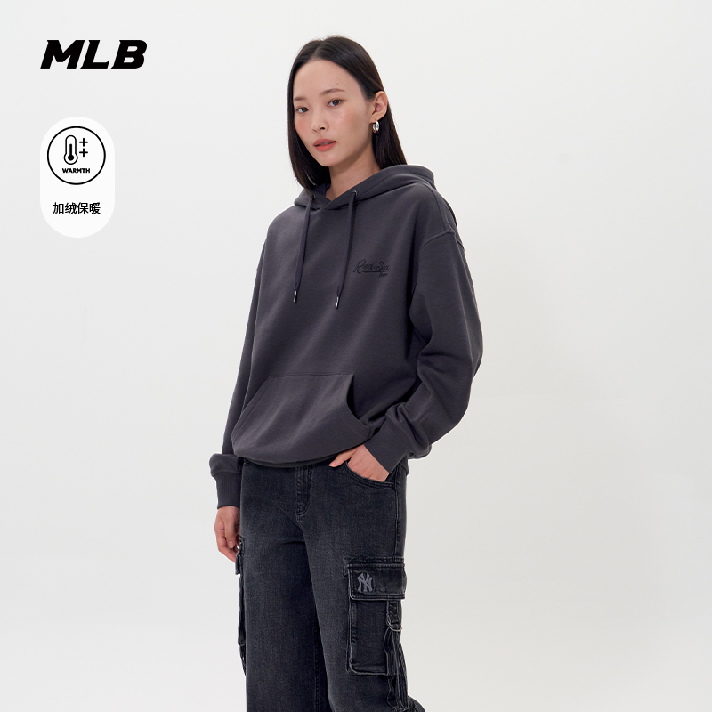 MLB官方 男女情侣复古街头保暖加绒连帽套头卫衣25冬季新款HDV02