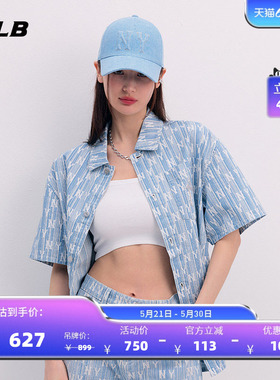 MLB官方 男女同款复古纯棉牛仔衬衫老花时尚条纹外套春夏DRM03