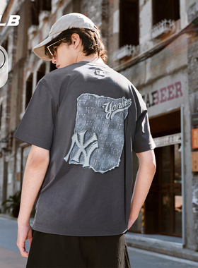MLB官方 男女情侣凉感时尚潮流复古仿牛仔短袖T恤25夏季新款TSM10