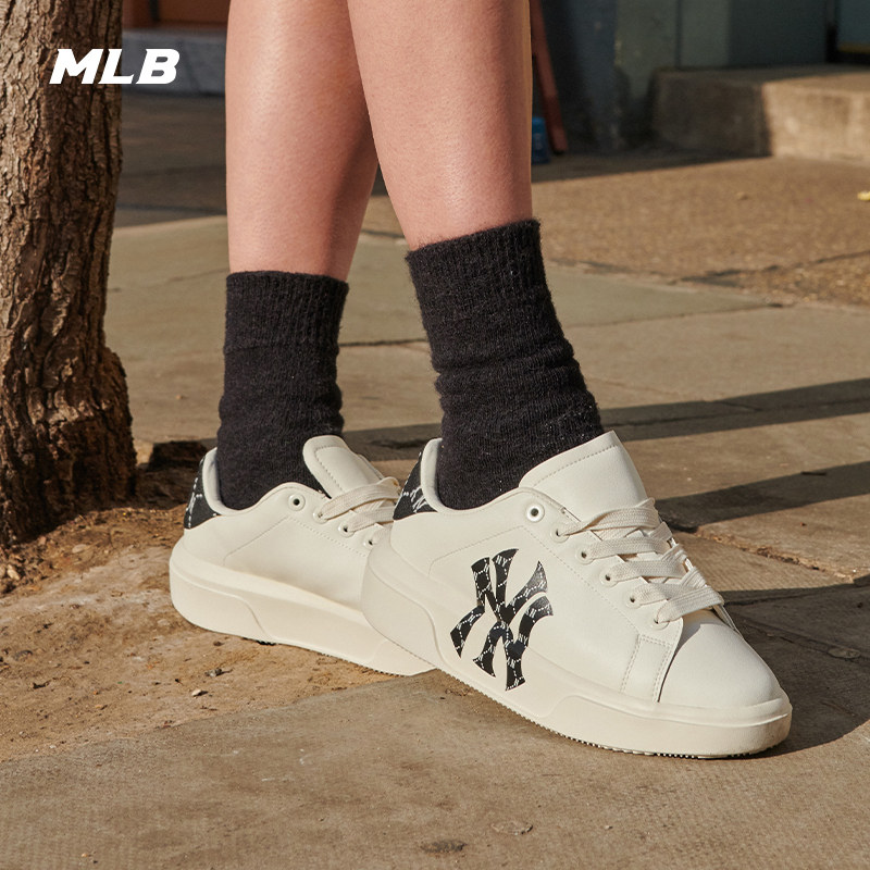 MLB官方男女情侣复古老花板鞋运动增高小白鞋秋季SXAM8_虎窝淘