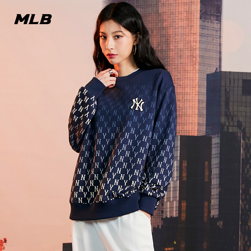 MLB官方男女情侣圆领卫衣渐变老花满印套头休闲宽松冬季MTM10_虎窝淘