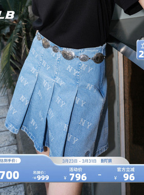 MLB官方 女款满印老花时尚潮流百搭舒适牛仔短裙夏季新款DSM01