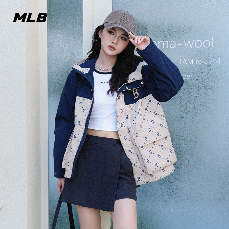 MLB官方 男女情侣休闲运动钻石老花连帽夹克外套25秋季新款WJM01