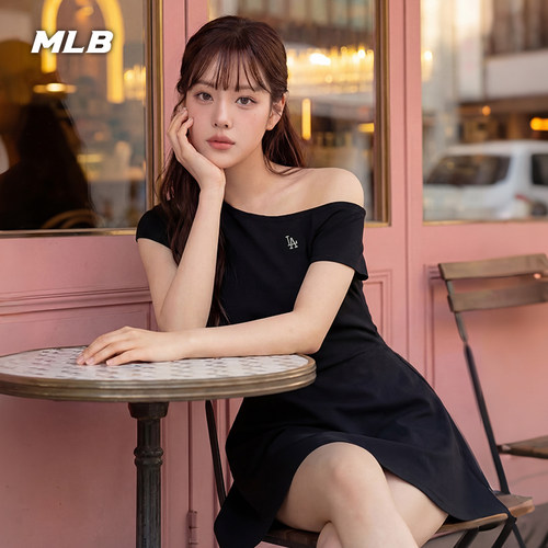 MLB官方 女款时尚潮流LOGO图案斜肩抽褶连衣裙26夏季新款OPB08