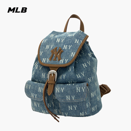 MLB官方男女同款情侣满印老花时尚百搭通勤牛仔双肩包夏季BKM06