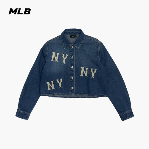 MLB官方女款潮流百搭短款刺绣大LOGO短款牛仔衬衫26秋季新款DRG22