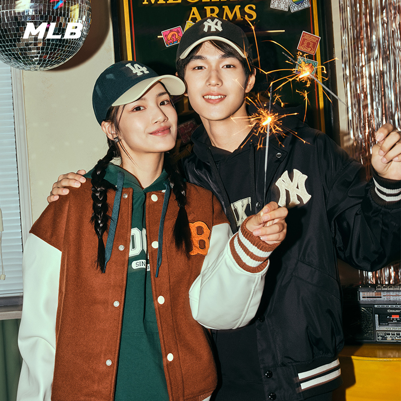 官方男女情侣拼接棒球外套MLB