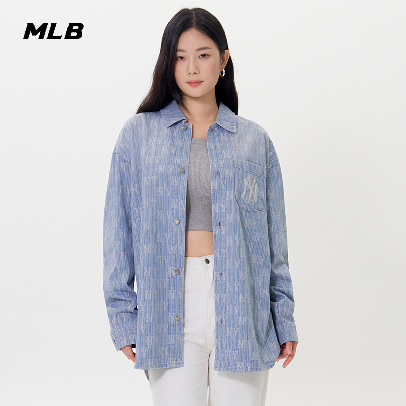 MLB官方男女情侣时尚潮流大LOGO满印老花牛仔衬衫25秋季新款DRM04