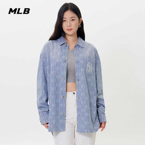 MLB官方男女情侣时尚潮流大LOGO满印老花牛仔衬衫秋季新款DRM04