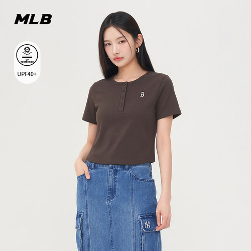 MLB官方 女款复古修身显瘦短款亨利领防晒短袖T恤26春季新款TSB10