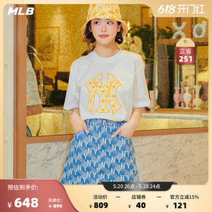 女款 MLB官方 几何老花牛仔短裙A字裙休闲时尚 潮23夏季 DSM03