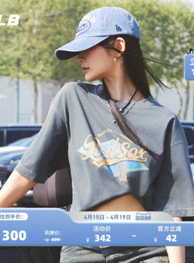 MLB官方 KARINA同款男女复古胶片T恤圆领学院短袖夏季新款TSV07