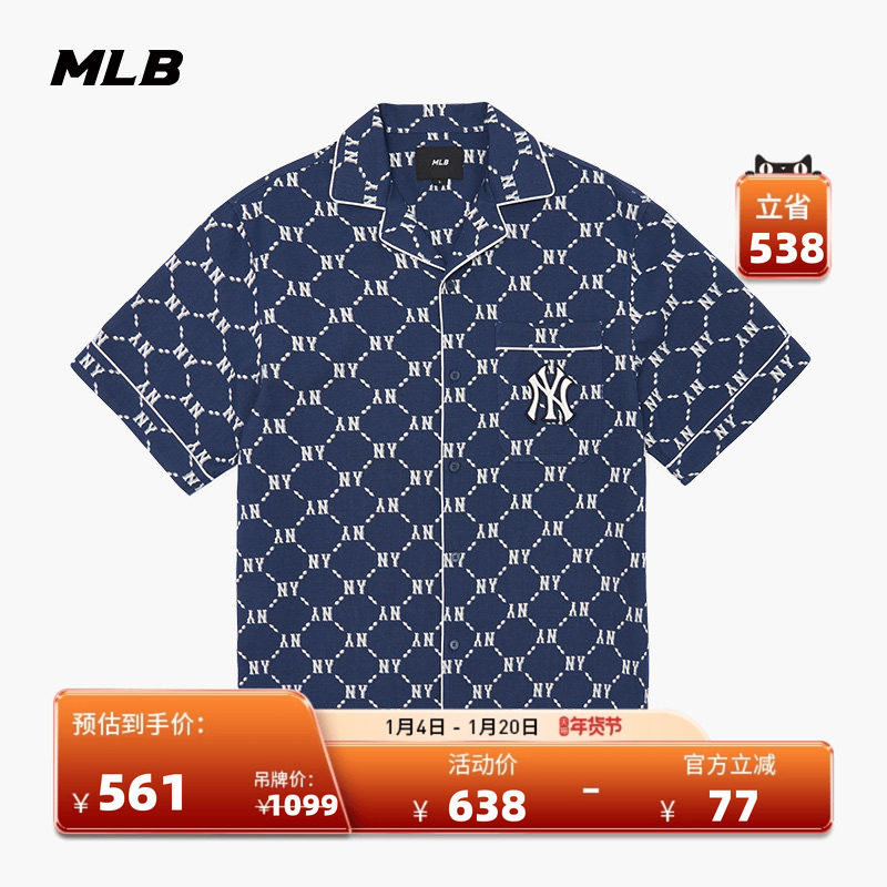 MLB官方男女情侣衬衫钻石老花短袖立体logo复古时尚外套春夏WSM02,运动服/休闲服装,运动茄克/外套,淘宝优惠券,粉丝福利购,淘宝优惠卷