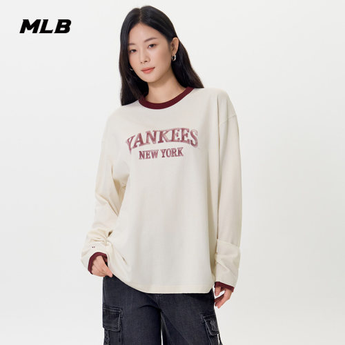 MLB官方 男女同款情侣学院风拼接撞色运动休闲长袖T恤春夏TSV20