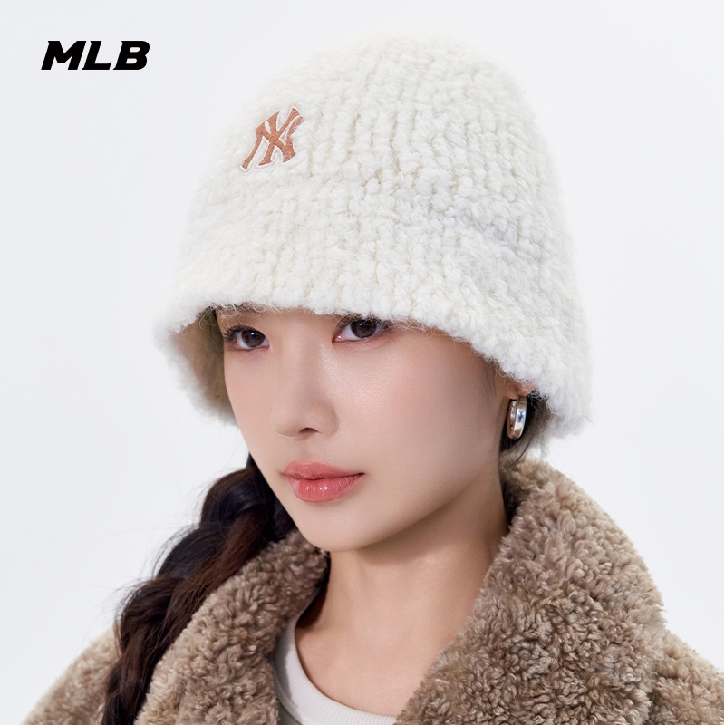 MLB官方 男女情侣刺绣LOGO圆顶针织抓绒渔夫帽25冬季新款HTB01