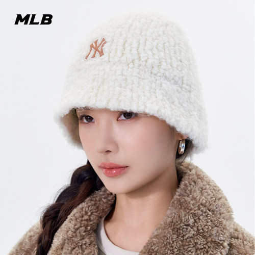 MLB官方 男女情侣刺绣LOGO圆顶针织抓绒渔夫帽25冬季新款HTB01
