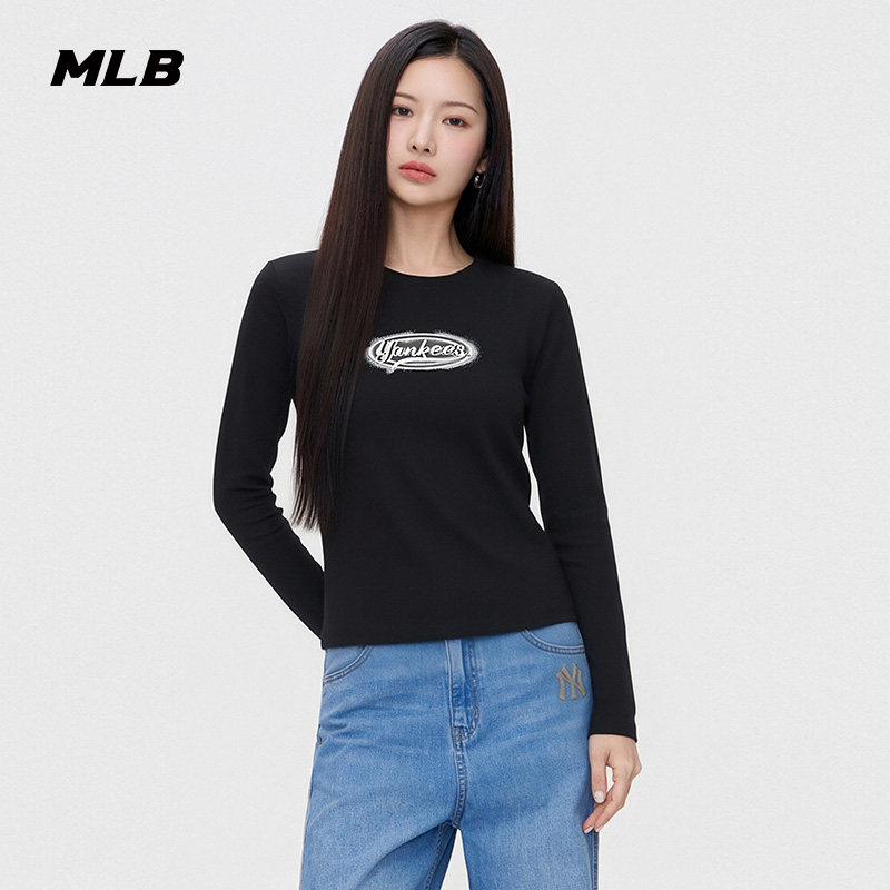 MLB官方女款潮流百搭修身圆领复古印花长袖T恤秋季新款TSV20图片