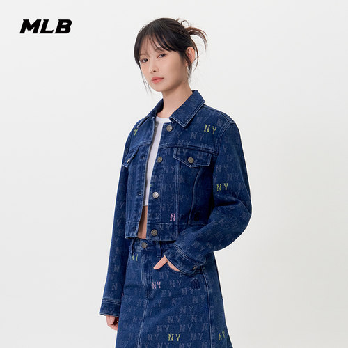 MLB官方 女款时尚潮流满印老花百搭短款牛仔夹克春夏DKM06