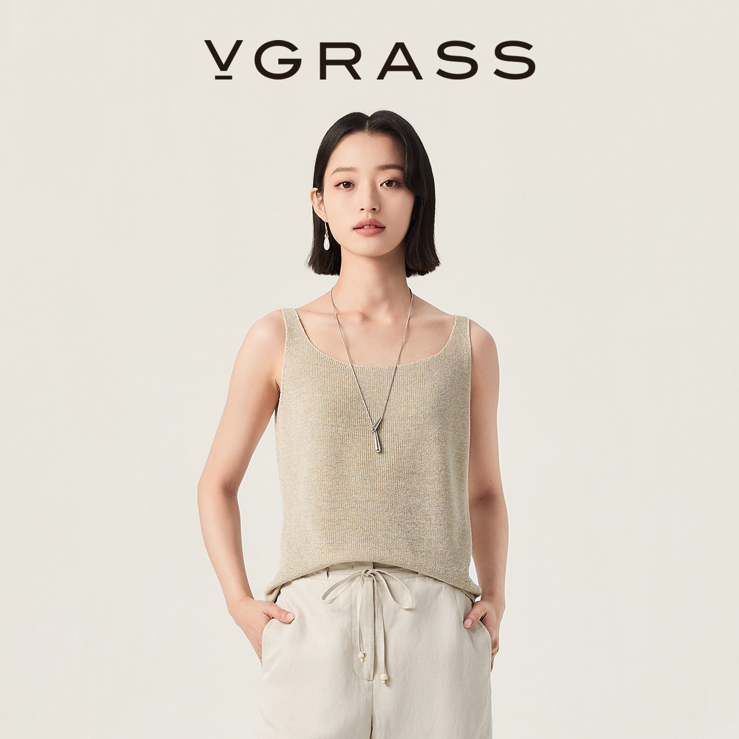 VGRASS亚麻混纺吊带背心针织