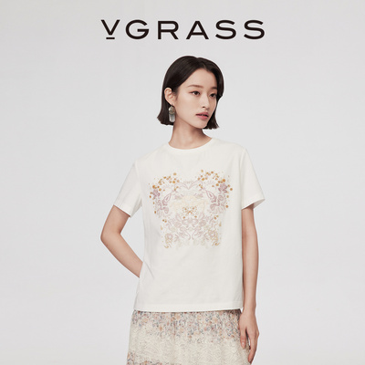 VGRASS艺术锦绣短袖棉T恤