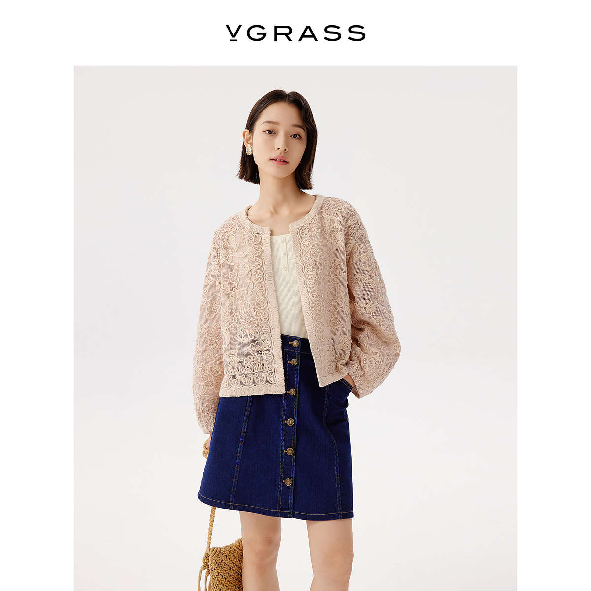 VGRASS裁片刺绣重工圆领短外套