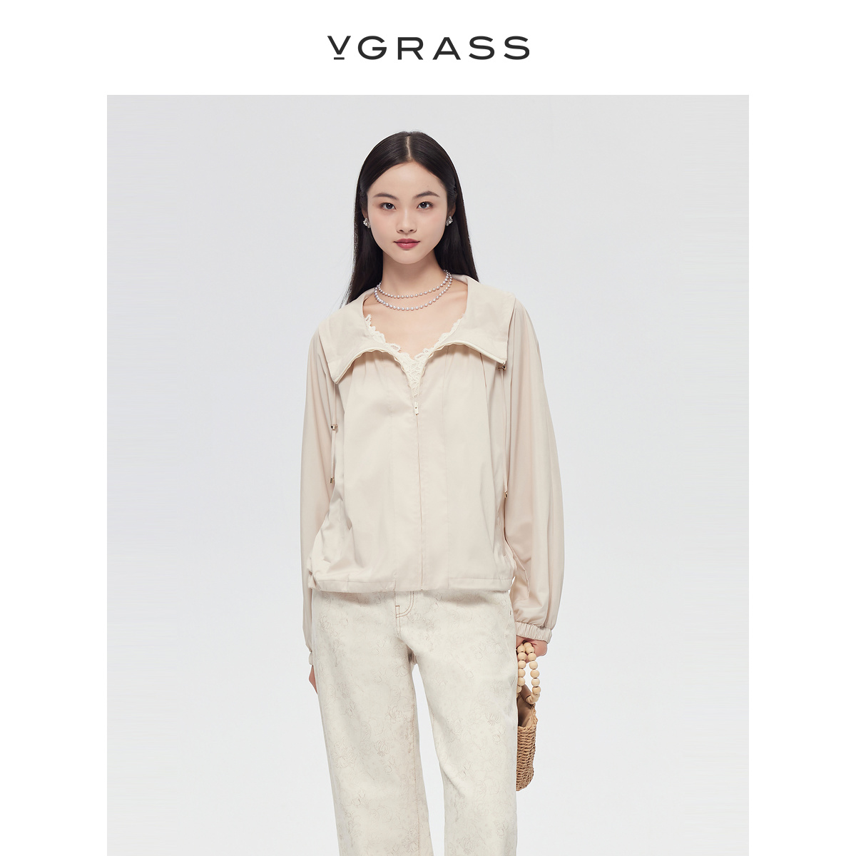 VGRASS休闲宽松抽绳翻领短外套