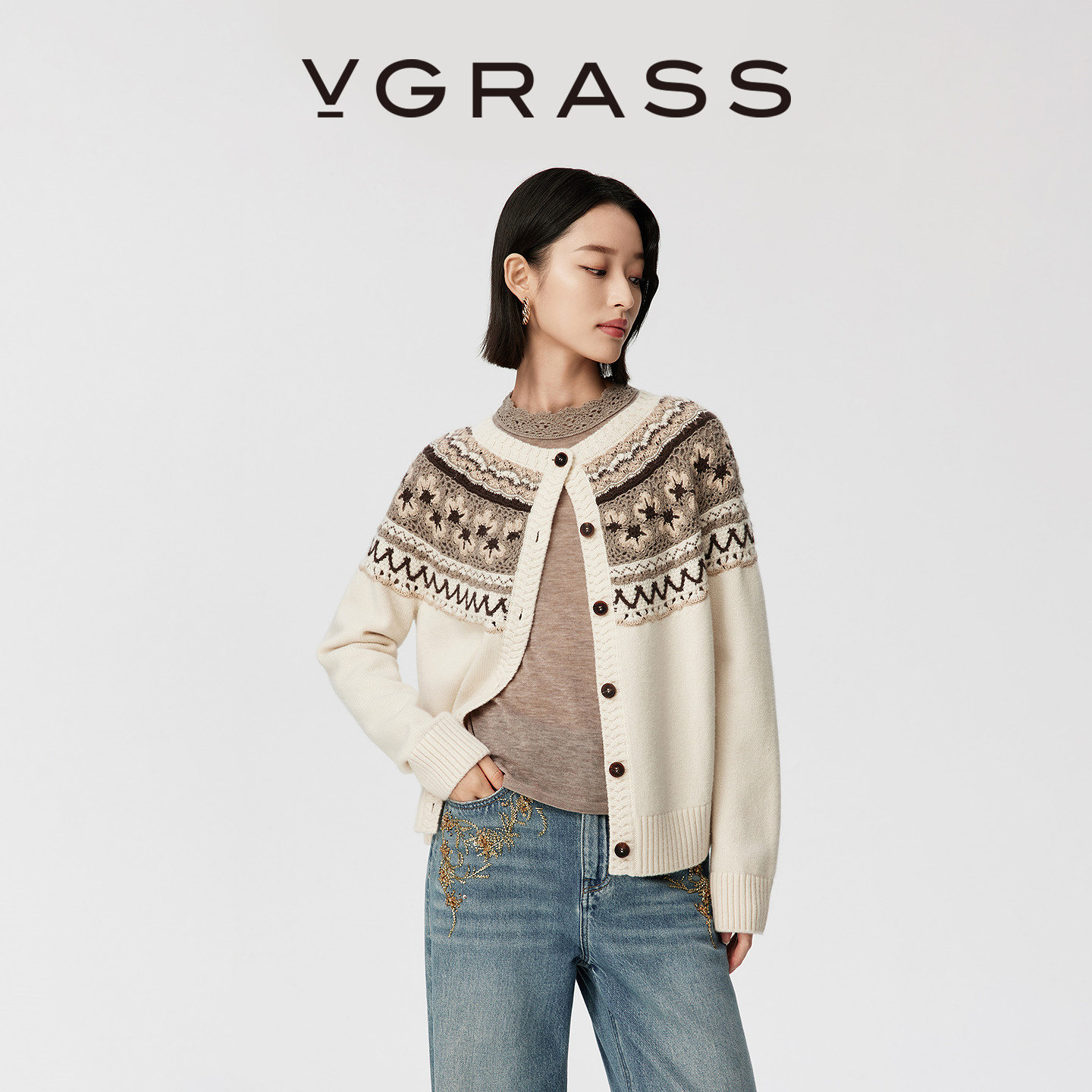 【一片云针织】VGRASS25冬季新款重工手工钩针提花层次云肩开衫女
