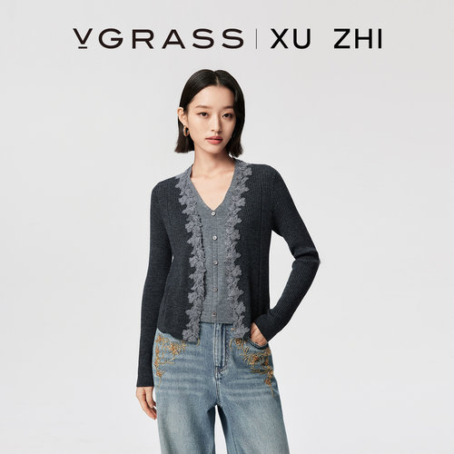 VGRASS假两件羊毛混纺针织衫
