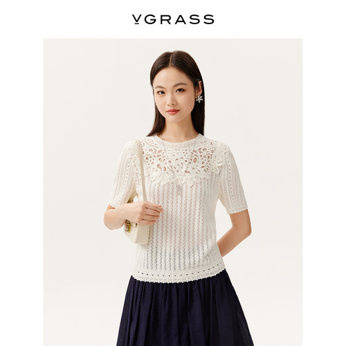VGRASS立体手钩叠绣短袖针织衫