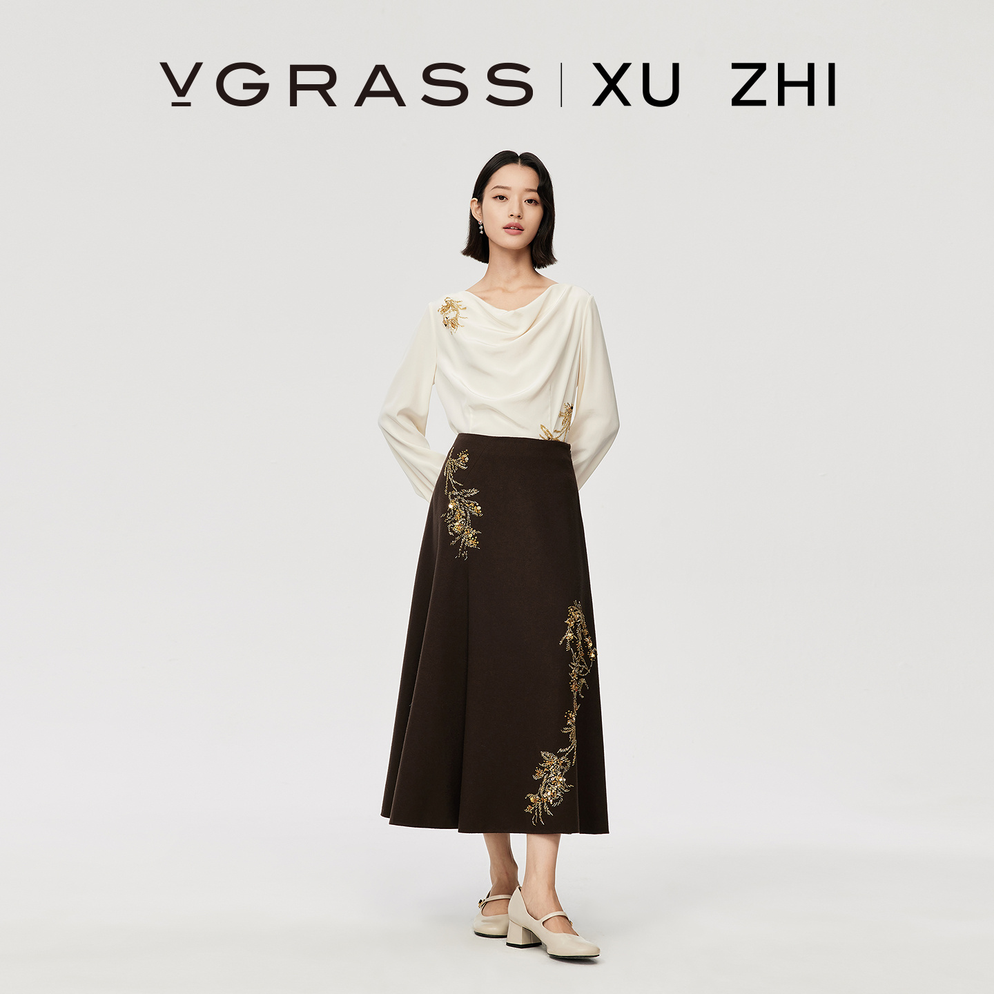 VGRASS定位珠片绣绵羊毛混纺半裙