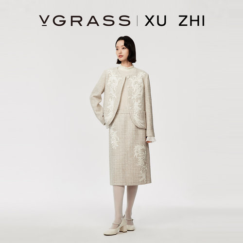 VGRASS手工定位珠绣粗花呢半裙