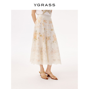 VGRASS维格娜丝夏季 定位绣花棉桑蚕丝艺术女士A字半身长裙 新款