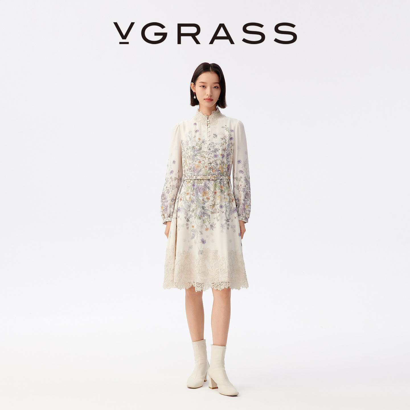 VGRASS丝毛盘绳蕾丝刺绣轻礼服