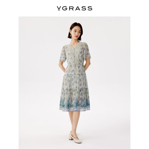 VGRASS定位印花绣花V领连衣裙